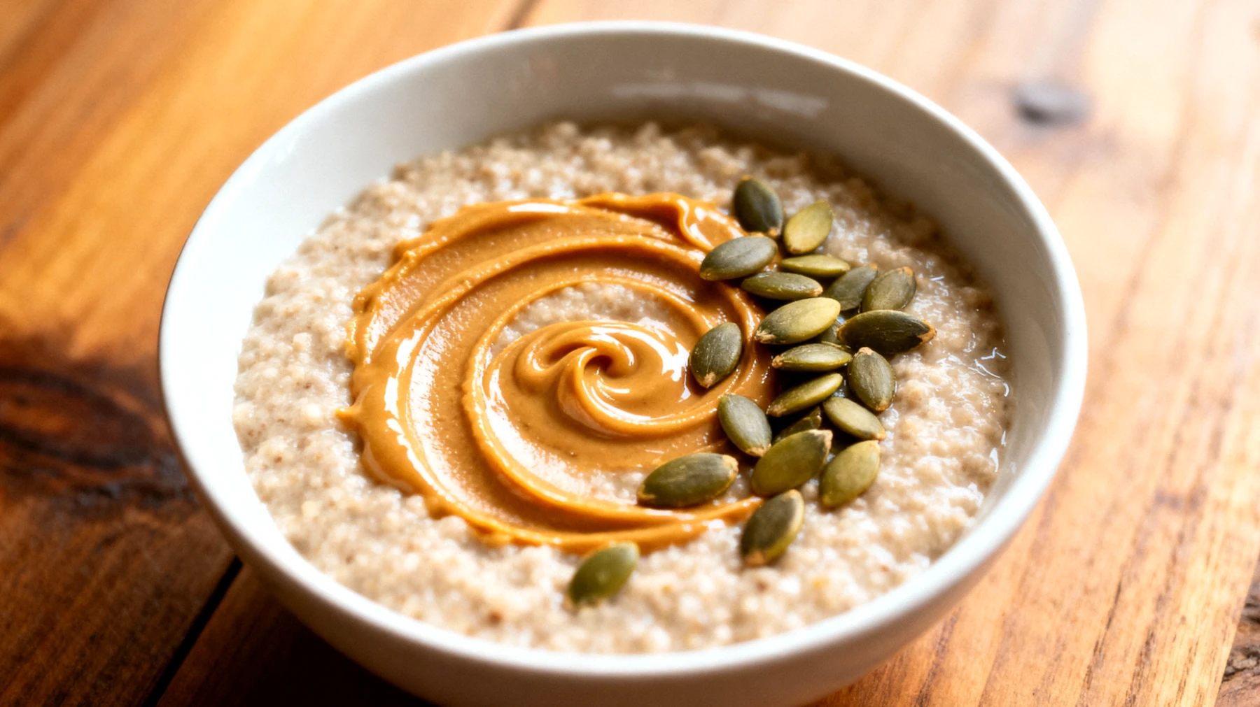 Amaranth-Porridge mit Mandelmus und Kürbiskernen"