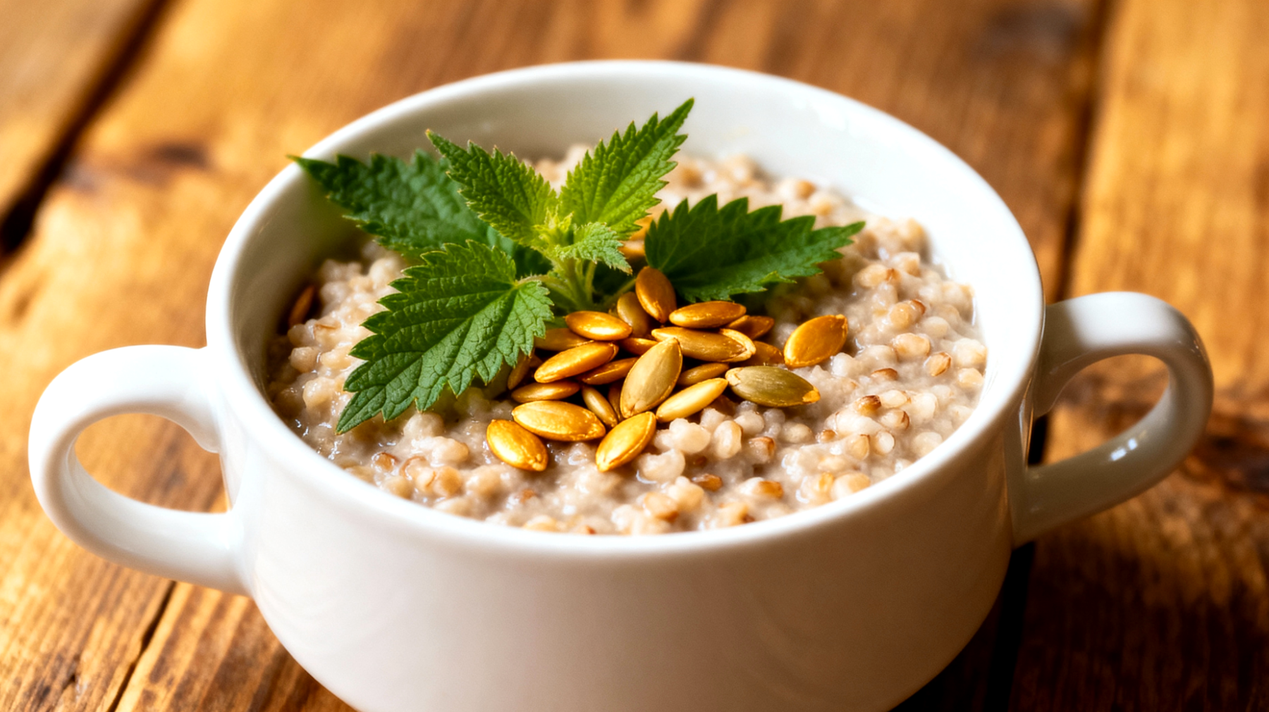 Buchweizen-Porridge mit Brennnesselblättern und Kürbiskernen"