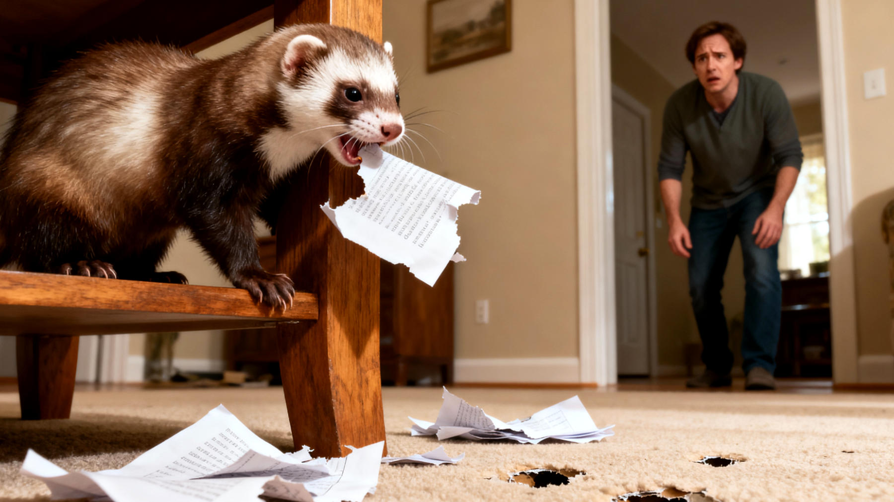 Erwachsene Frettchen zeigen oft destruktives Verhalten wie übermäßiges Graben, Beißen in Möbel oder Hyperaktivität, was auf unzureichende geistige Stimulation und fehlende Beschäftigungsmöglichkeiten in der Wohnungshaltung zurückzuführen ist"