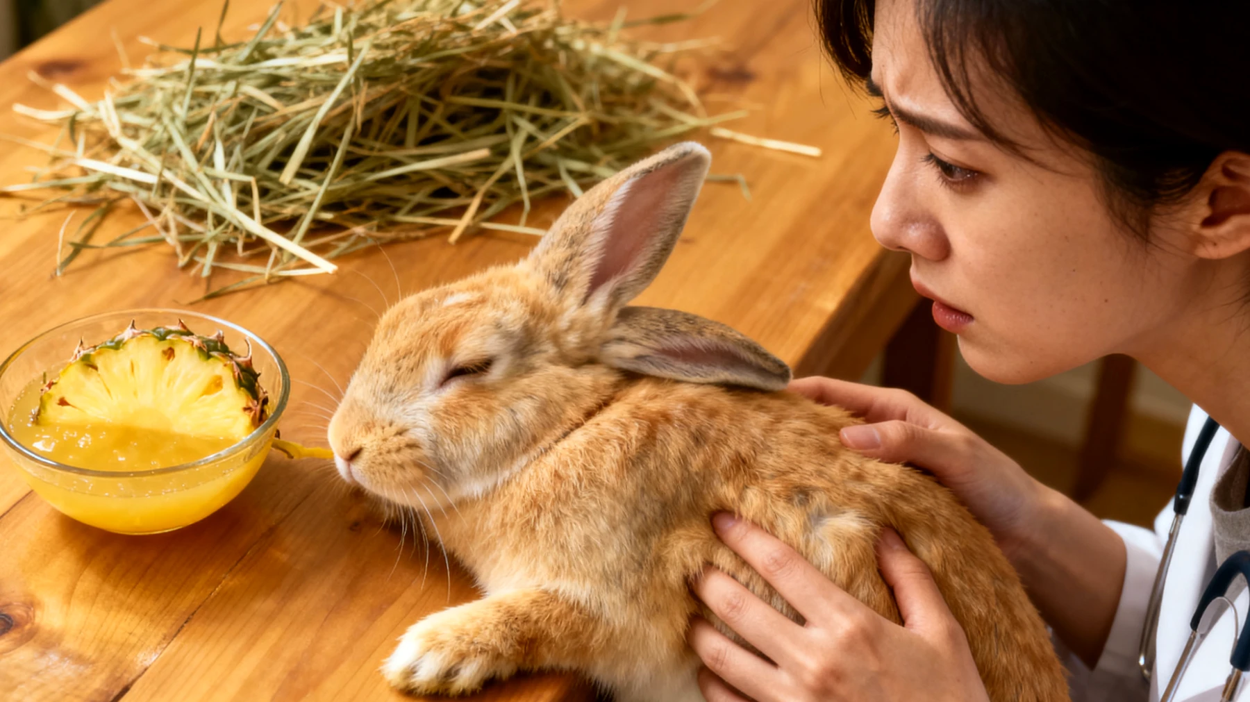 Kaninchen leiden häufig unter Verdauungsproblemen und Haarballen, die mit natürlichen Hausmitteln wie frischem Ananas- oder Papayasaft sowie erhöhter Heugabe gelindert werden können"