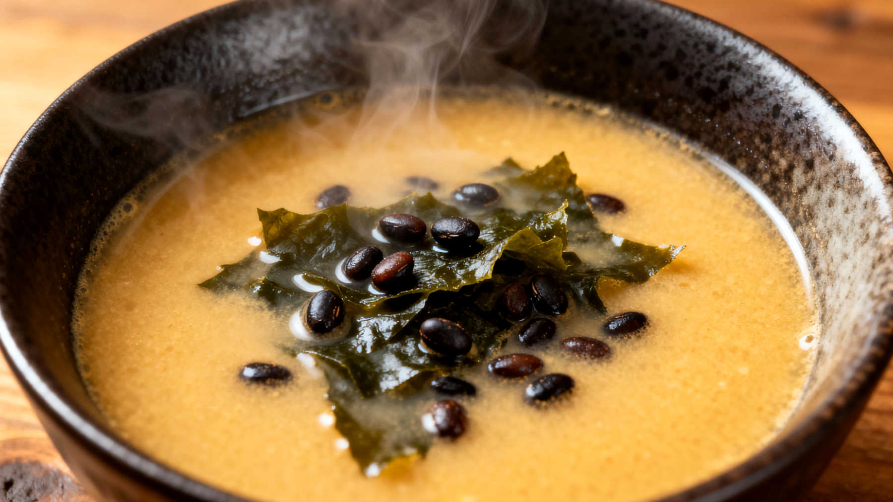 Miso-Suppe mit Wakame-Algen und fermentierten schwarzen Bohnen"