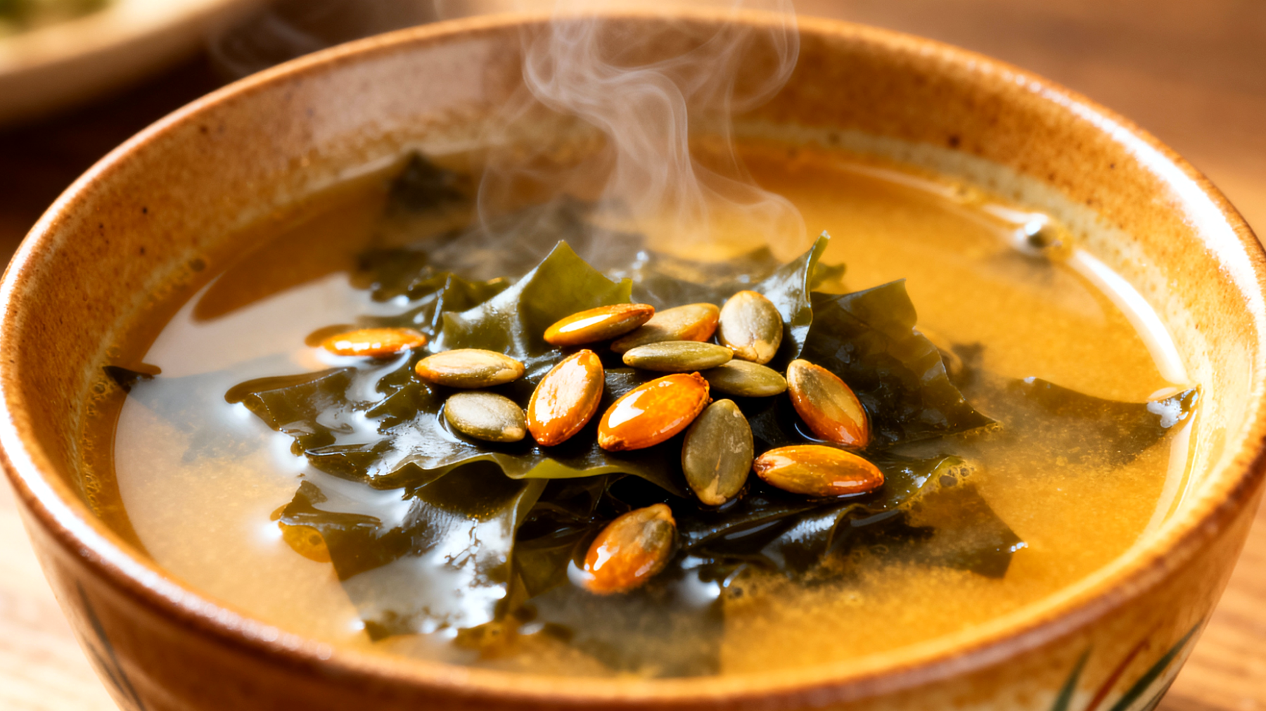 Miso-Suppe mit Wakame-Algen und gerösteten Kürbiskernen"